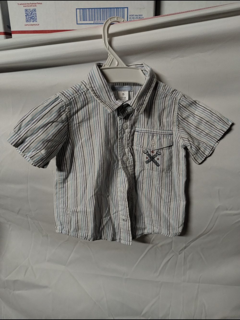Old Navy Boys Short-Sleeve Button-Down Shirt - White with Blue and Gray Stripes